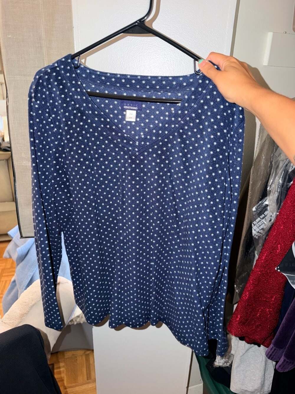 Basic Editions V-Neck Long Sleeve Shirt Size XL Blue White Polka Dot